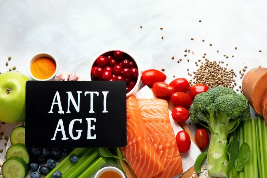 A selection of anti-aging foods arranged on a light background, featuring healthy and nutritious ingredients.