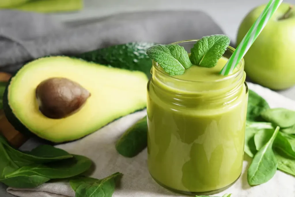Creamy smoothie made with avocado, offering a rich and healthy blend of flavors.