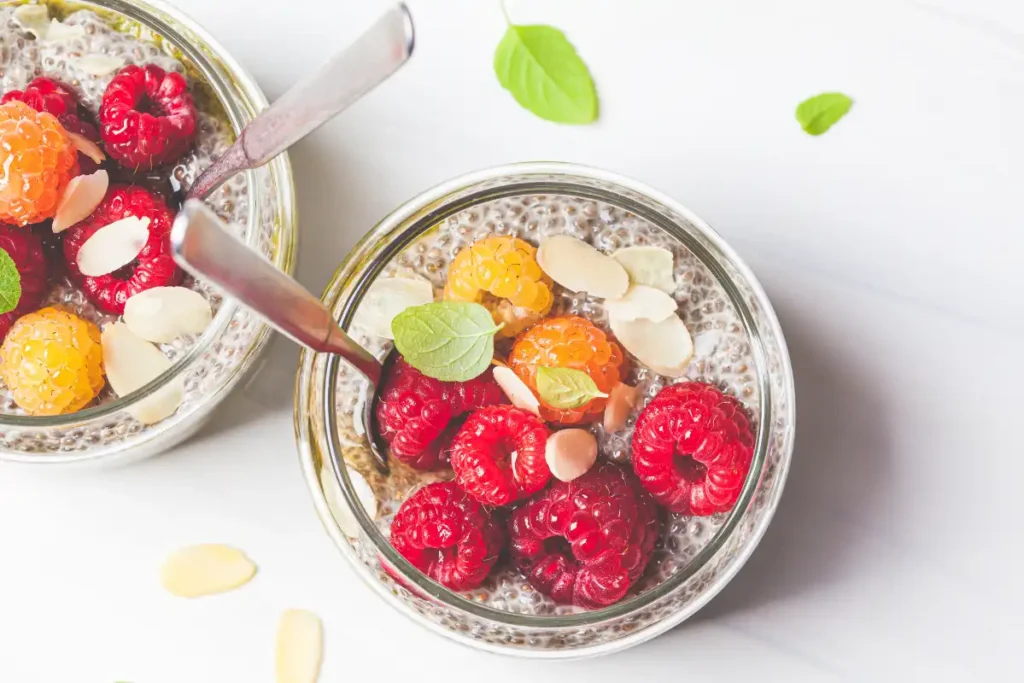Chia seed pudding topped with fresh berries, offering a healthy and delicious treat.