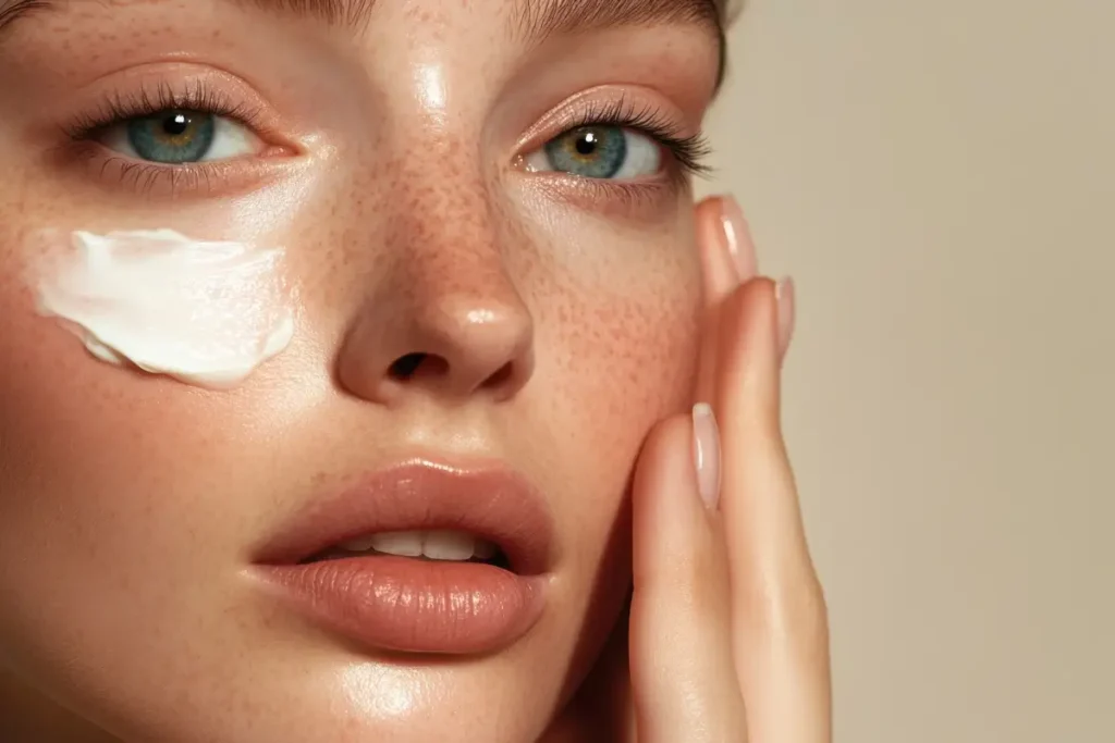 Woman applying moisturizer to her face as part of her daily skincare routine.