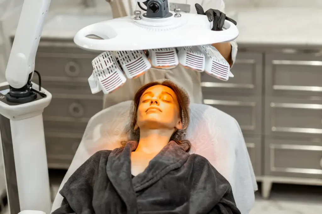 A woman receiving LED light therapy treatment at a medical clinic, lying comfortably while the light targets her skin.