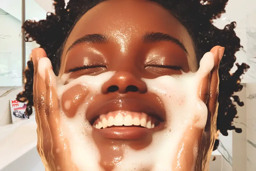 Woman washing her face as part of her daily skincare routine for fresh and clean skin.