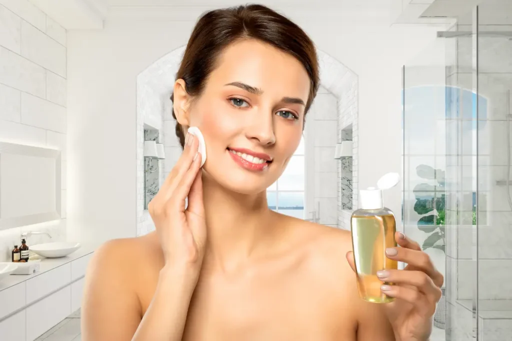 Woman cleansing her face with hypoallergenic formulas, focusing on gentle skincare for sensitive skin.